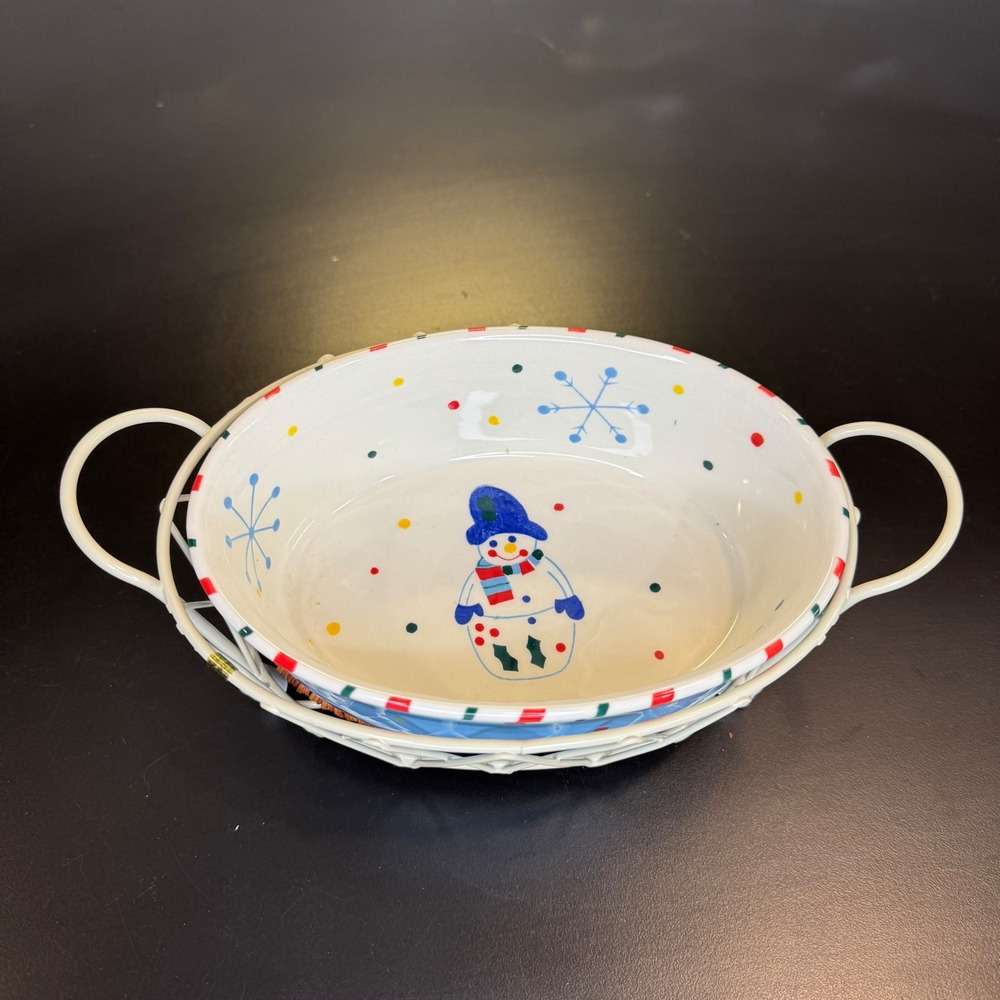 Temp-tations Oval Baker Dish Small Blue Snowman Holiday Christmas Wire Rack